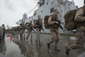 130504-N-DR144-818 ANCHORAGE, Alaska (May 4, 2013) Marines assigned to Task Force Denali run to bring the ship to life during the commissioning of the San Antonio-class amphibious transport dock ship USS Anchorage (LPD 23) at the Port of Anchorage. More than 4,000 people gathered to witness the ship's commissioning in its namesake city of Anchorage, Alaska. Anchorage, the seventh San Antonio-class LPD, is the second ship to be named for the city and the first U.S. Navy ship to be commissioned in Alaska. (U.S. Navy photo by Mass Communication Specialist 1st Class James R. Evans/Released)